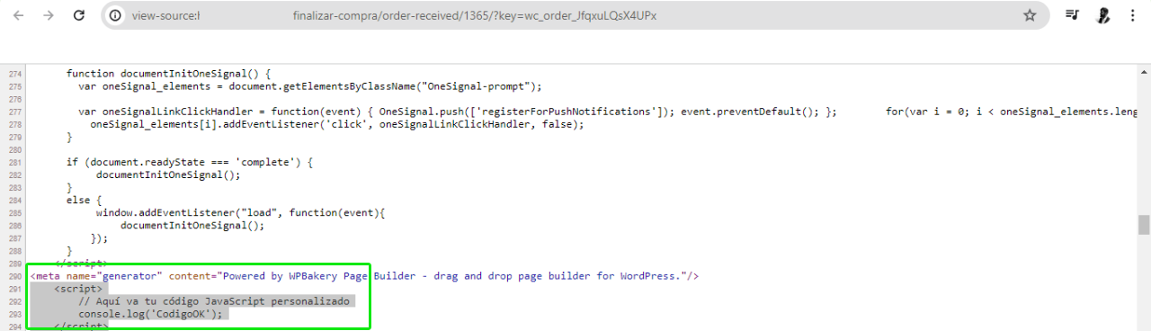Código script en el código fuente de la página de gracias
